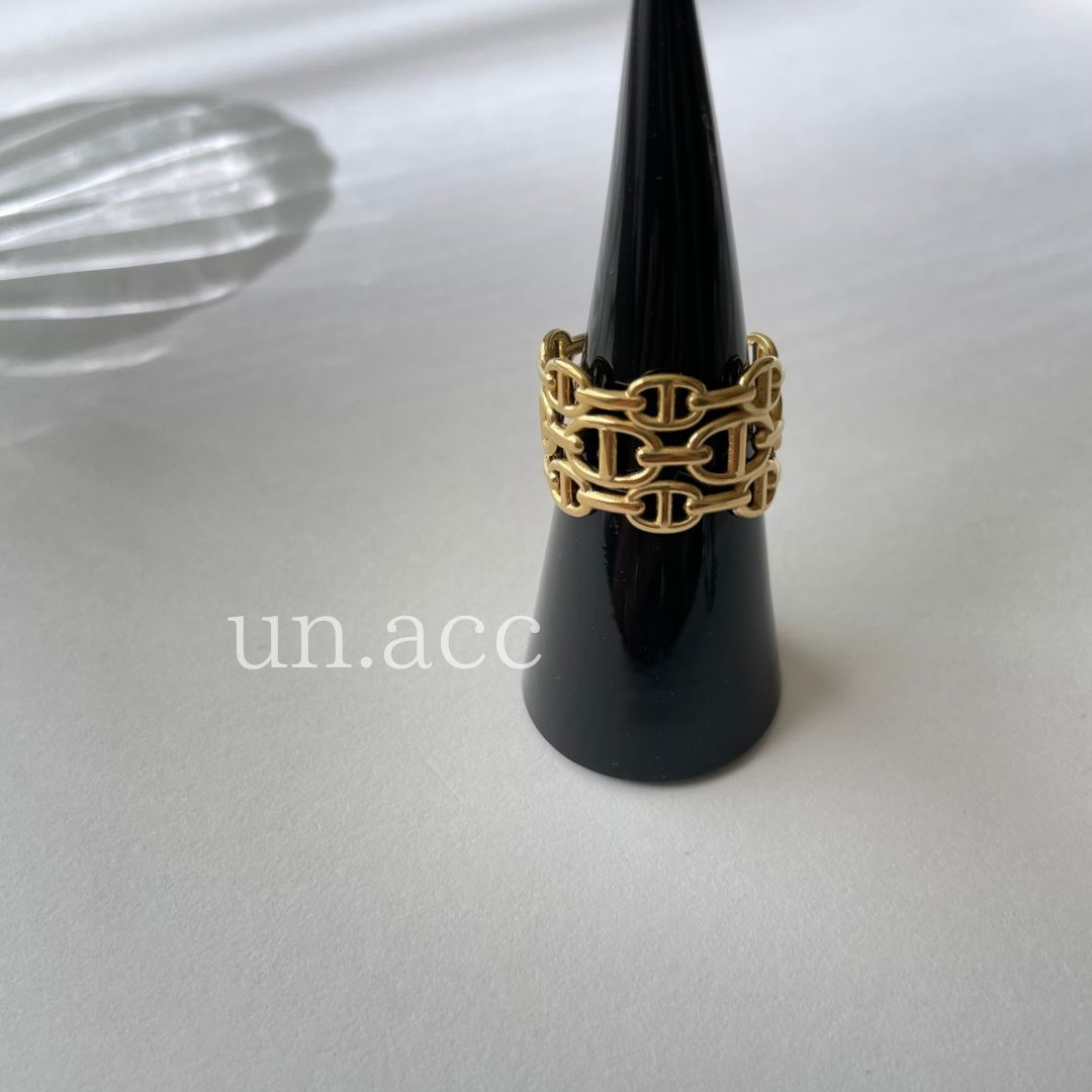 ステンレス ゴールド リング H モチーフ 3連 トリプルアンカーチェーン