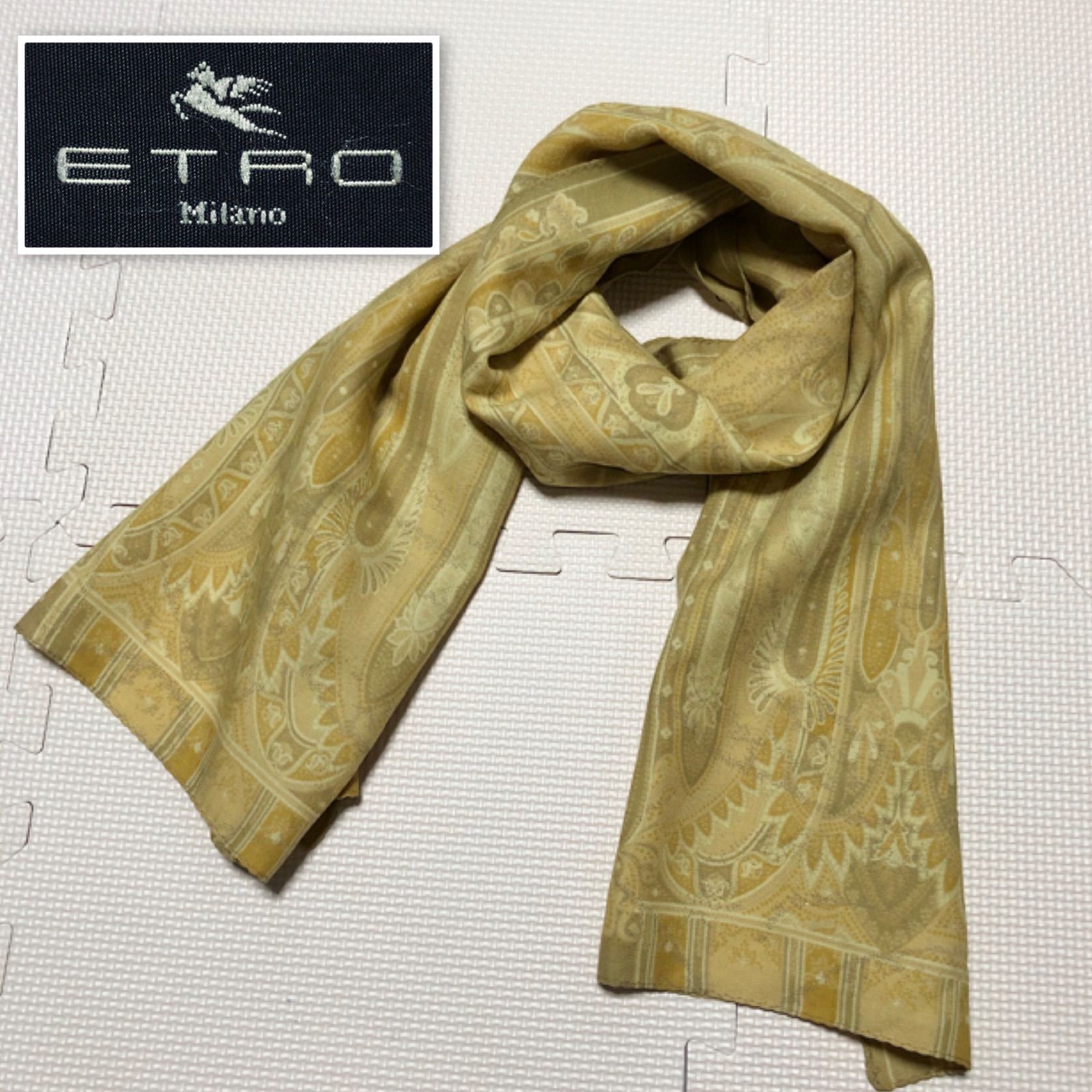 ■美品■ETRO エトロ　ストール　ペイズリー風　ウール×シルク　ラメ感　イタリア製　イエロー系