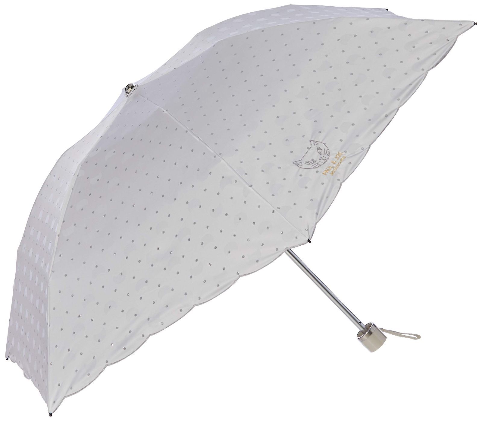 [ムーンバット] 折りたたみ傘 PAUL & JOE(ポール＆ジョー) 猫刺繍 日傘 おりたたみ傘 パラソル 晴雨兼用傘 遮熱遮光 ロゴ入り ドット ネコ オシャレ かわいい レディース ライトグレー 親骨の長さ：約50㎝