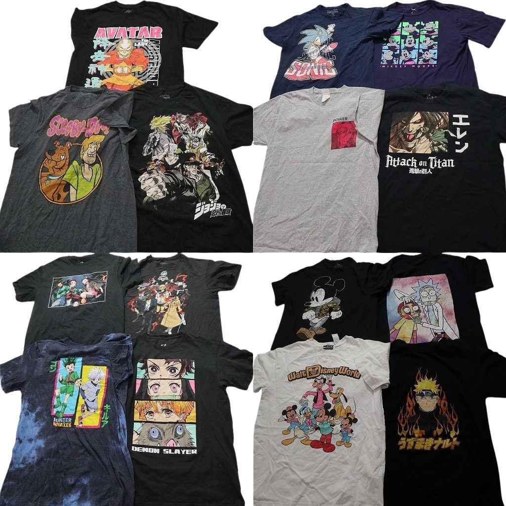 古着卸 まとめ売り キャラクター 半袖Tシャツ 15枚セット メンズ M ナルト ディズニー 鬼滅の刃 ヒロアカ 進撃の巨人 古着 NC3875
