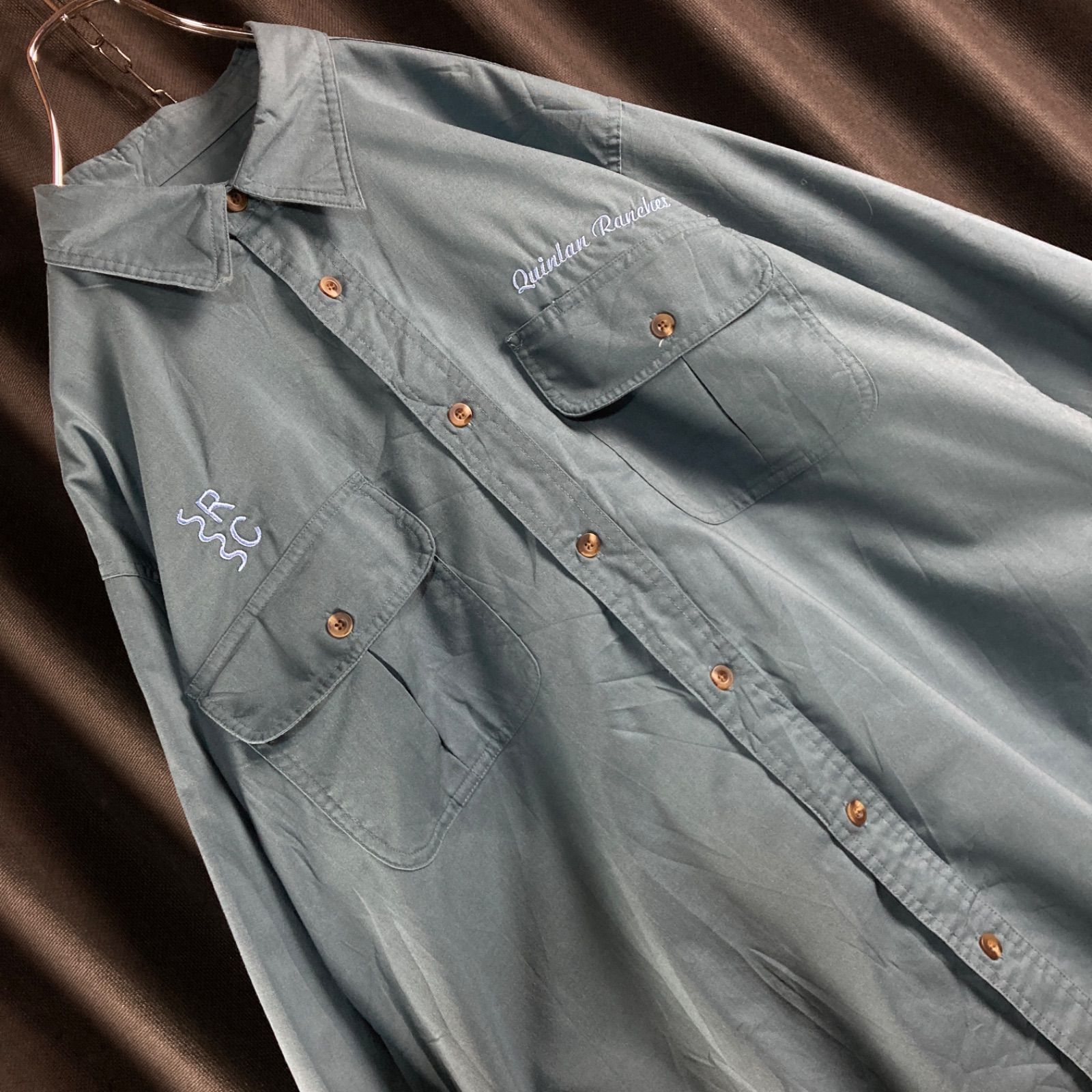 【くすみカラー】企業物　刺繍ロゴ　エルボーパッチ　Wフラップ　長袖ワークシャツ