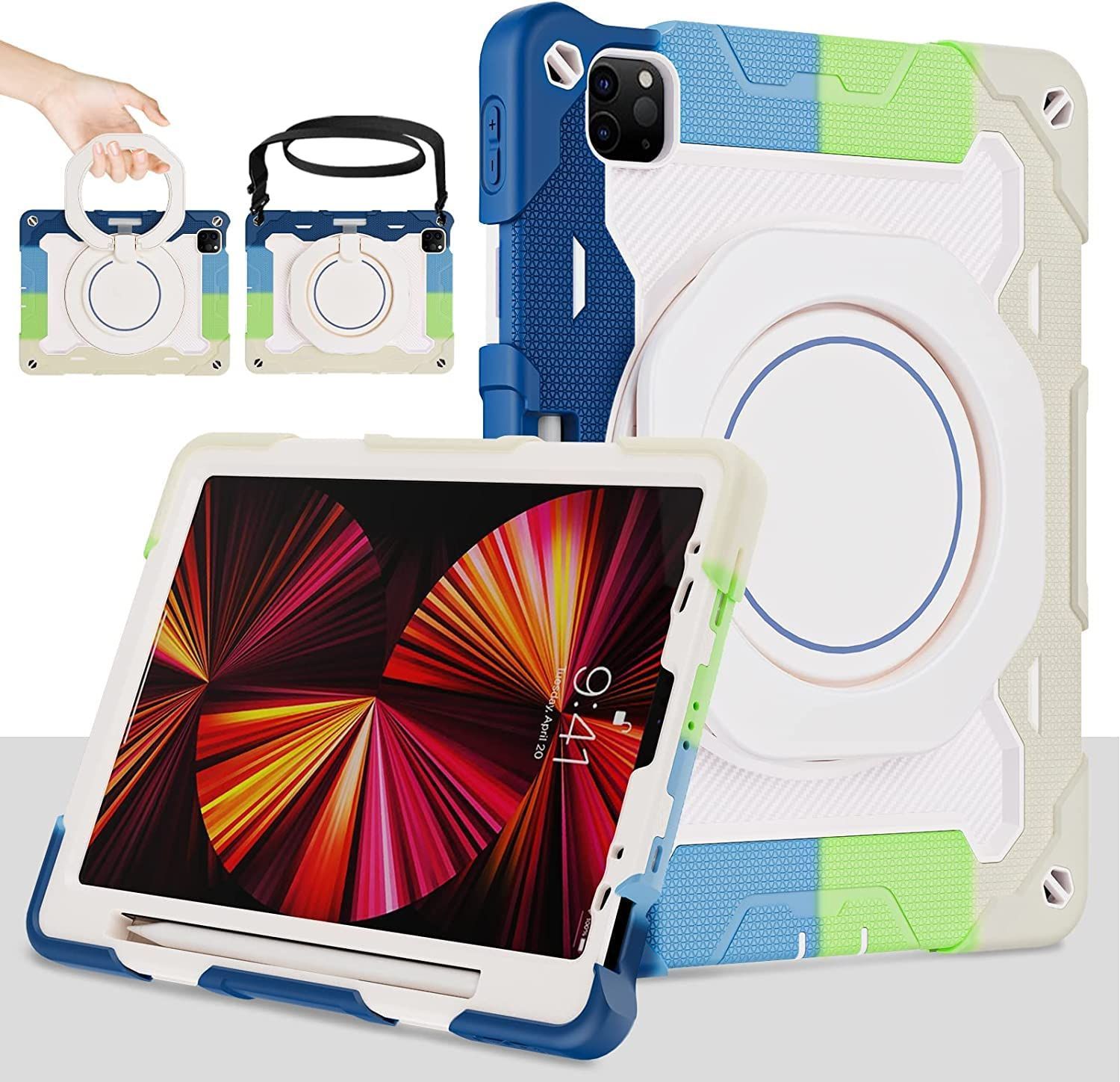 【人気商品】キッズ アイパッドカバー かわいい 防塵 ハード 子供， シリコン 2022 Pro11 Air4 Air5 Air6 iPad iPad 収納 ペン カラフル-ブルー スタンド 肩ショルダー付き 耐衝撃 第４世代ケース緃置