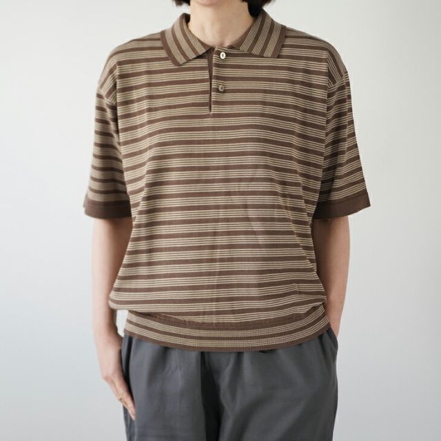 MANUAL ALPHABET マニュアルアルファベット | COMPACT TWIST BORDER KNIT POLO walnut | トップス シャツ