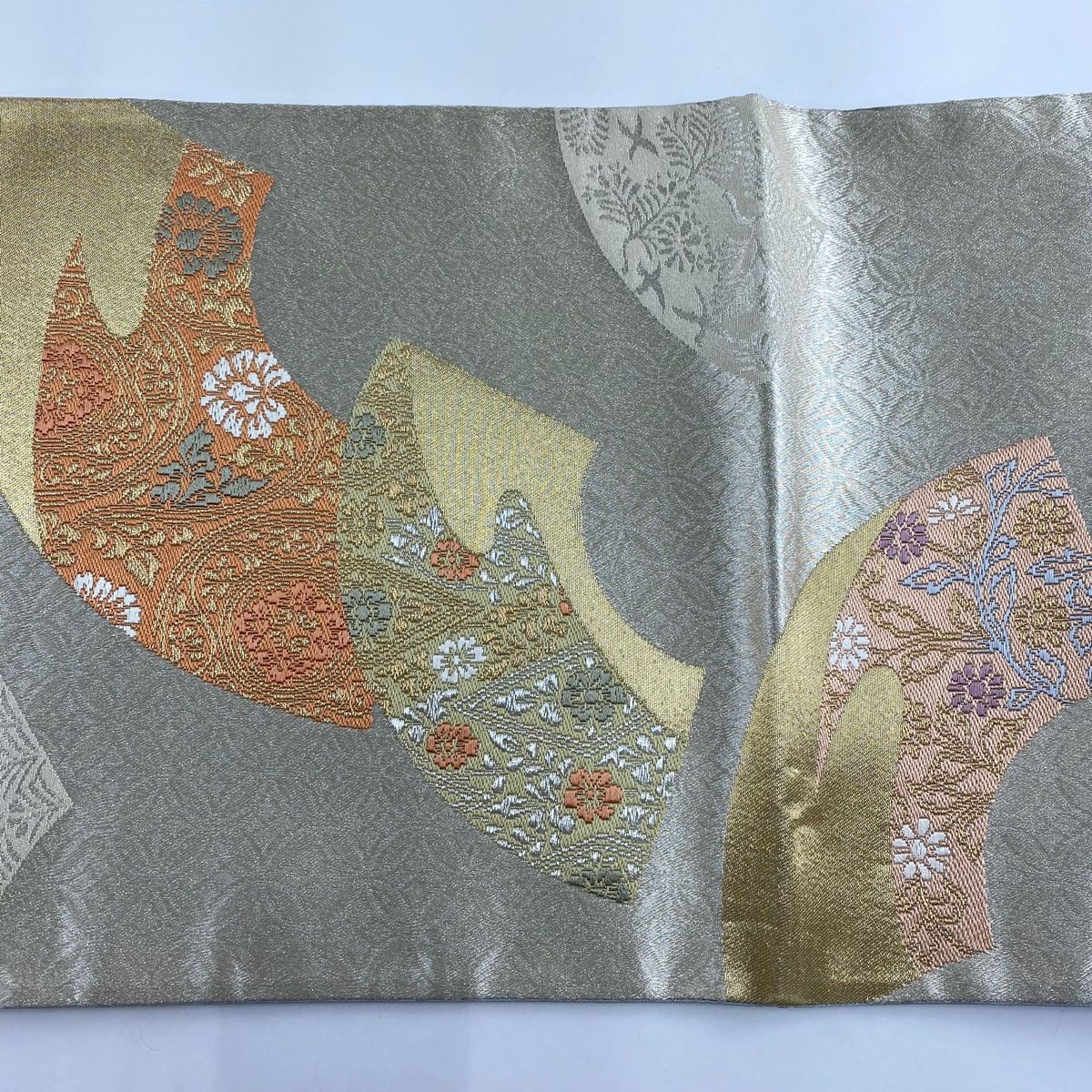 【超特価SALE開催中！】 袋帯 秀品 ますいわ屋 扇面 七宝 金銀糸 銀色 六通 正絹