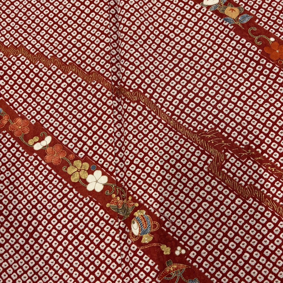 訪問着 身丈160cm 裄丈65.5cm M 袷 花唐草 蝶 金彩 刺繍 赤茶 正絹 優品 【中古】