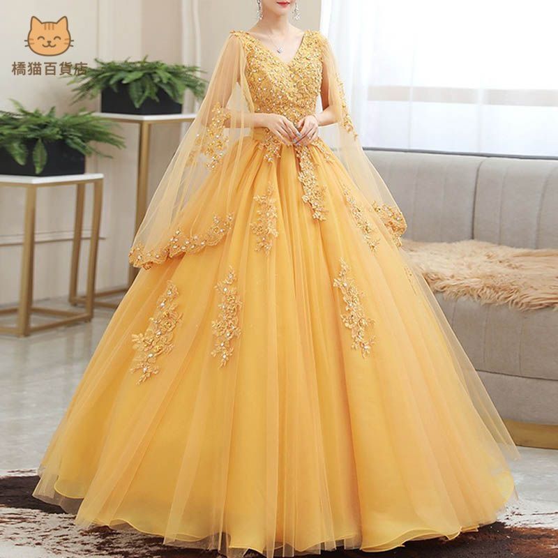 カラードレス プリンセスライン イエロー 刺繍 配色 スリット袖 ロングドレス ウェディングドレス 結婚式 二次会 花嫁 前撮り 演奏会 発表会 ステージ衣装 カラードレス プリンセスライン グリーン 緑 長袖 V