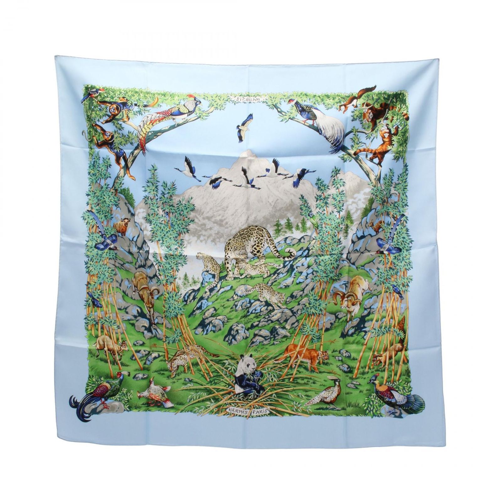 エルメス HERMES スカーフ カレ90 SICHUAN ブルーx鳥 シルク