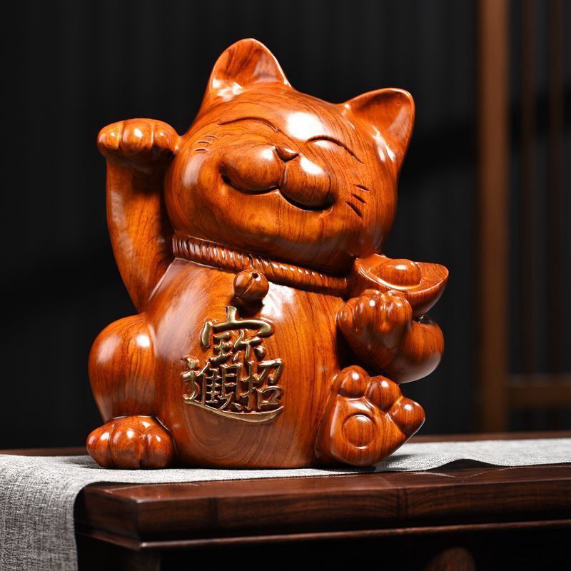 人気推薦 新作の花梨木彫 可愛い招き猫 玄関、客間の置物 招財 - メルカリ