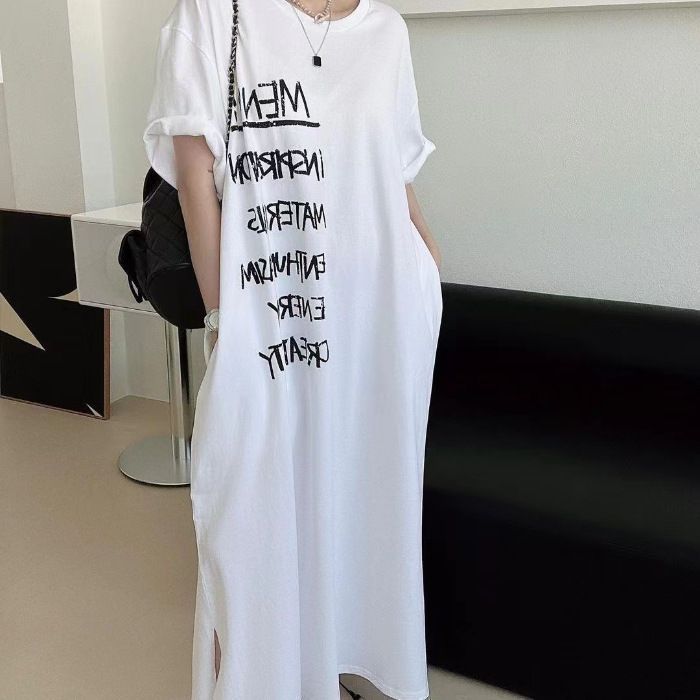 tシャツ プリントスリットクルーネックロングワンピース レディース Tシャツワンピ ロングワンピース 半袖 英字プリント レディース