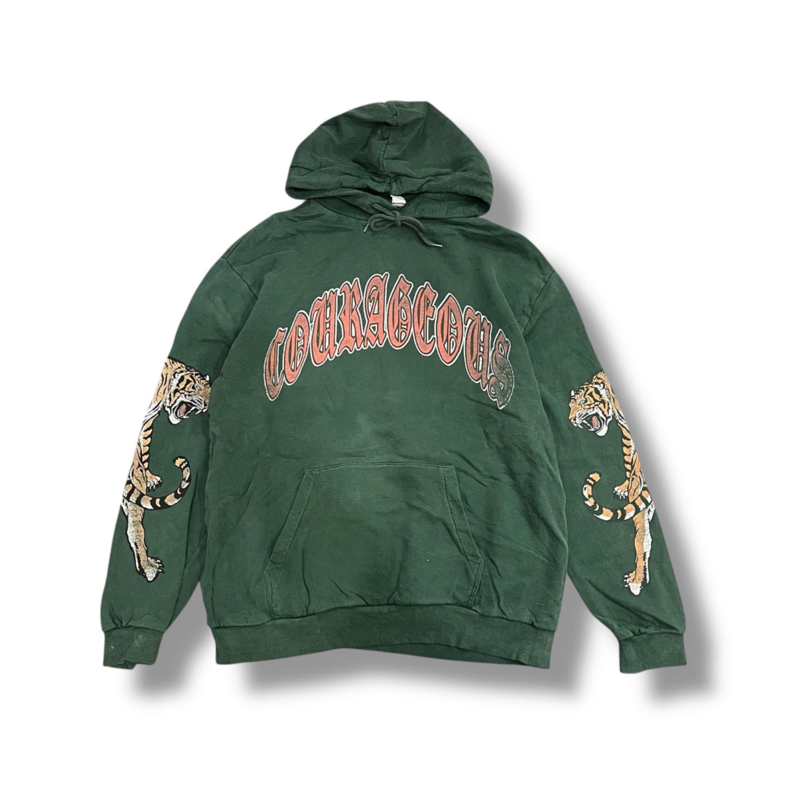 ビンテージ パーカー 90s カレッジ プリントパーカー used 古着 Vintage アメカジ オールド  ストリート スケーター  フーディー タイガー グリーン 緑 虎 トラ 袖プリント