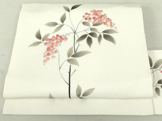 平和屋着物●塩瀬　九寸名古屋帯　手描き　南天文　金彩　正絹　逸品　DAAT7929ob 平和屋着物○塩瀬 九寸名古屋帯 手描き 南天文 金彩 正絹 逸品