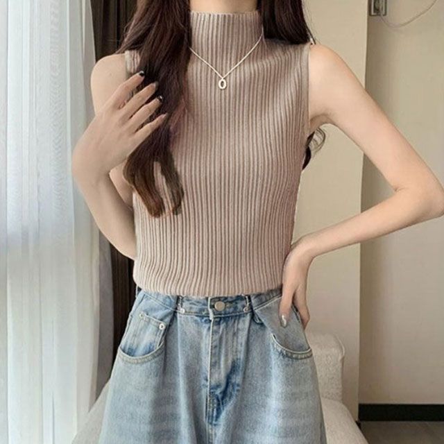 プリーツ タンクトップ レディース ハイネック ノースリーブ Tシャツ ニットトップス ストレッチ トップス ハイネックニット レイヤード シンプル 春 夏 全 サマーニット XS S M L X fdc 3476 オーバーサイズ シフォン素材