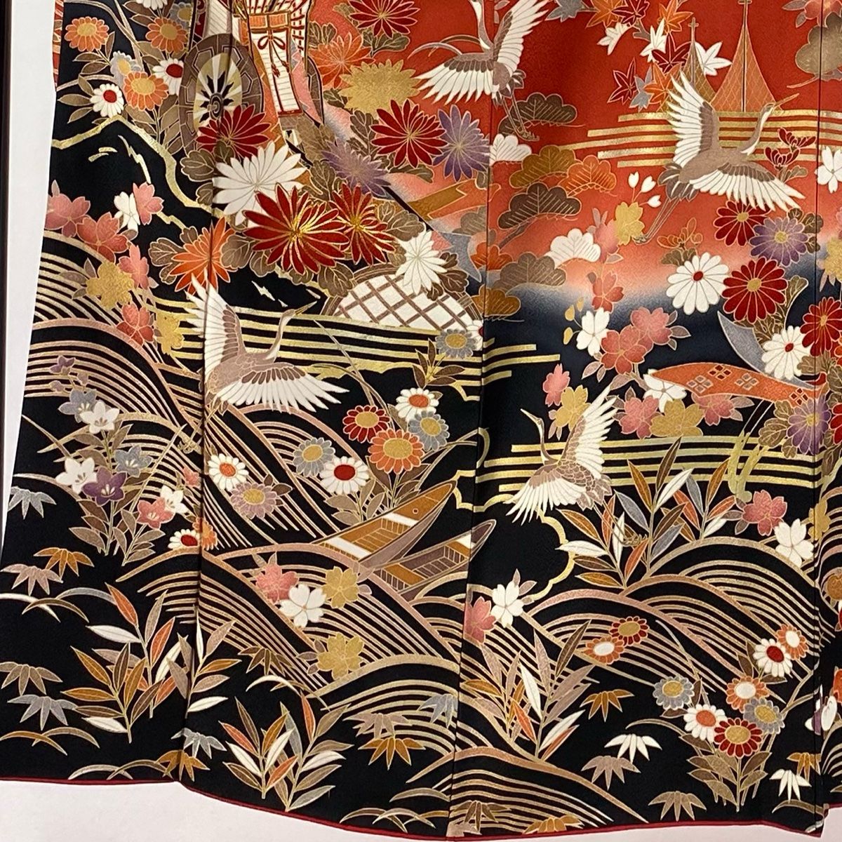 振袖 身丈151cm 裄丈60.5cm S 袷 ますいわ屋 御所車 菊 金糸 金彩 赤 正絹 秀品