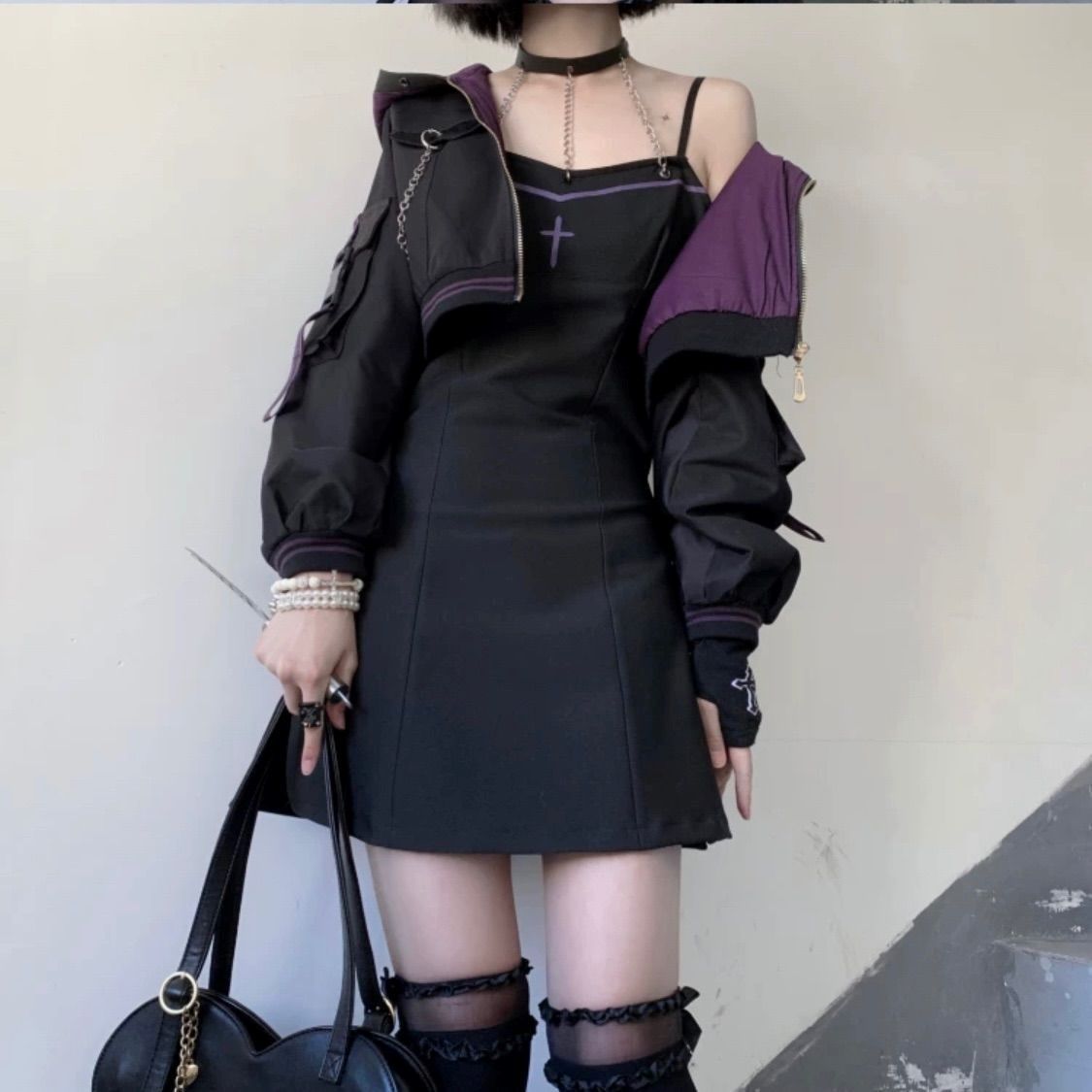 サブカル系 ショートジャケット ブルゾン 上着 ジャケット パープル ブラック ジップアップ サブカル 服 オーバーサイズ 大きめ