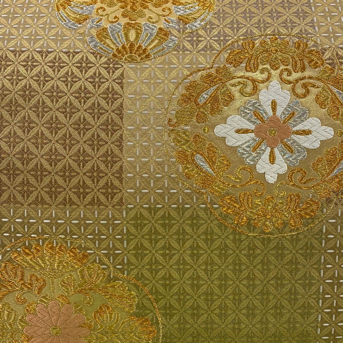 袋帯 秀品 華文 菊 金銀糸 箔 金茶 六通 正絹