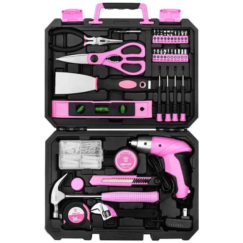 DEKO Pink 98 Piece Tool Set General Househ Hand Tool Kit with Plastic Toolbox Storage Case 141 並行