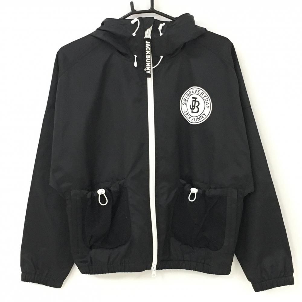 【超美品】ジャックバニー ジップパーカー 黒×白 裏地メッシュ ドローコード ロゴプリント レディース 1(M) ゴルフウェア Jack Bunny