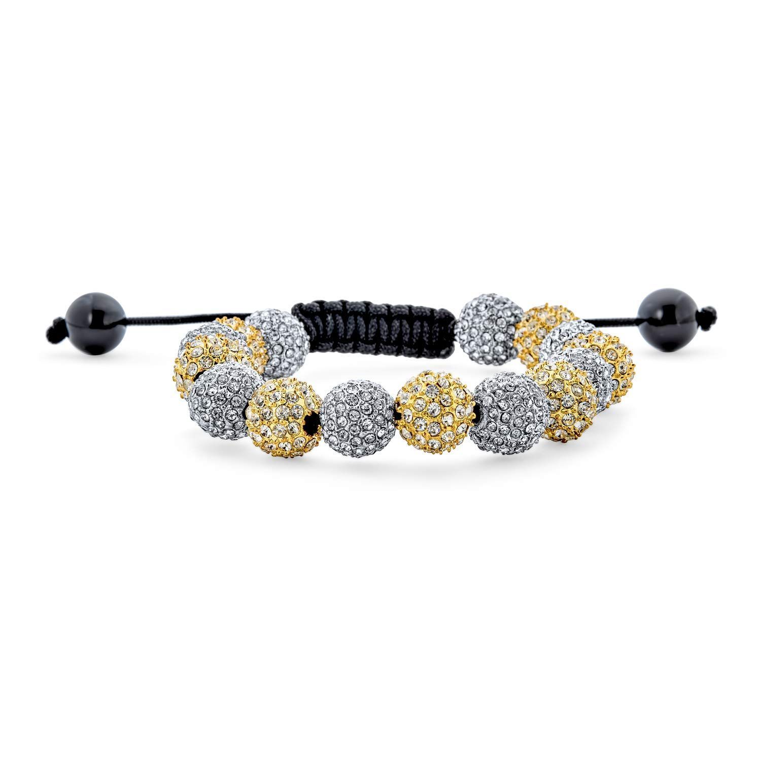 [Bling Jewelry] ブラック ブルー ホワイトまたはゴールド トーン パヴェ クリスタル ディスコ ボール Shamballa インスピレーション ブレスレット女性男性調整可能なコード文字列のため