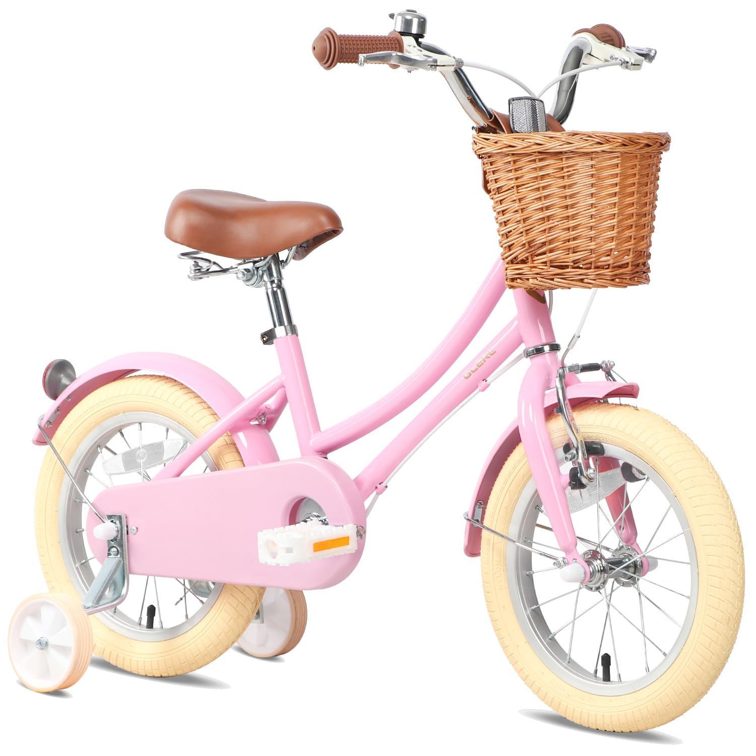 Glerc Little Molly 12 14 16 18インチ女の子子供用自転車 レトロキッズバイク 低学年 手編み藤前かご 取り外し補助輪 キックスタンド 1～8歳 多色