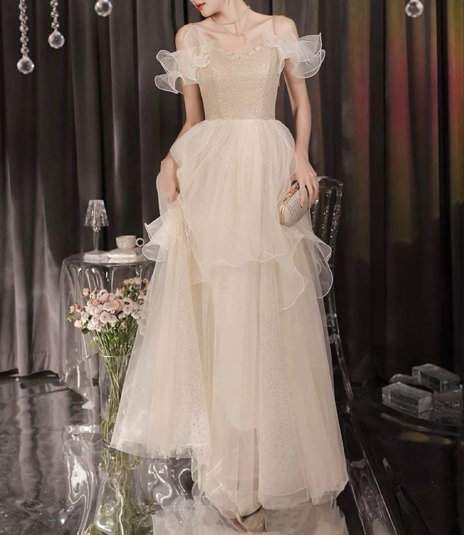 ♥ レディースファッション ラメ感ある生地のフリルが可愛い イブニングドレス