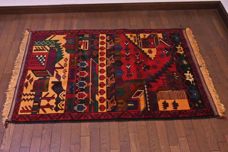 vintage ウールラグ トライバル 120cm x 60cm RAGU191 トライバルラグ ウール絨毯 アンティーク ヴィンテージ 90cm