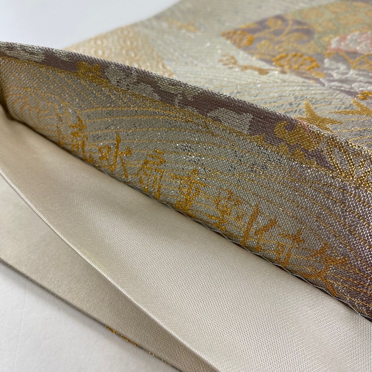 袋帯 美品 秀品 檜扇 花蝶 金糸 箔 銀色 六通 正絹 中古 袋帯 秀品 振袖向き 桜 金銀糸 箔 金色 六通 正絹 中古 袋帯 美