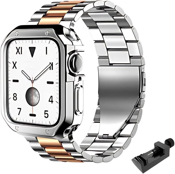 adzu Watch互換品 Apple ステンレス バンド 保護ケース付き アップルウォッチ用 メタル 腕時計 ベルト SE2 Ultra x ブロンズ(シルバー x ブロンズ，  42/44/45mm)