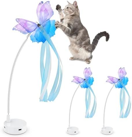 猫おもちゃ 電動 ORSDA 猫じゃらし 自動 猫ボール 3in1一体式 6本取り替え天然羽根付 2000mAh Type-C 充電式電源 手作りの蝶々一人遊び猫おもちゃ自動 寂しさ解消|運動不足対策 狩猟天性満足 猫大興奮 ホワイト