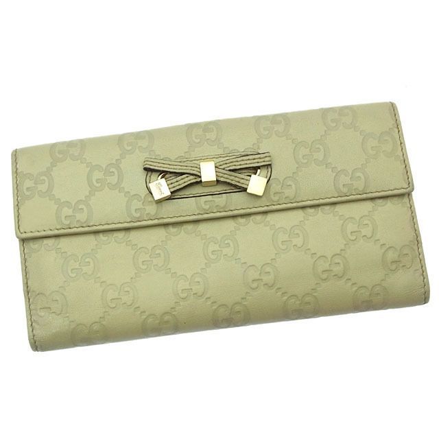 美品　GUCCI グッチ　長財布　グッチシマ　リボン　Wホック　ベージュ グッチ 長財布 Wホック 二つ折り リボンモチーフ付き グッチシマ