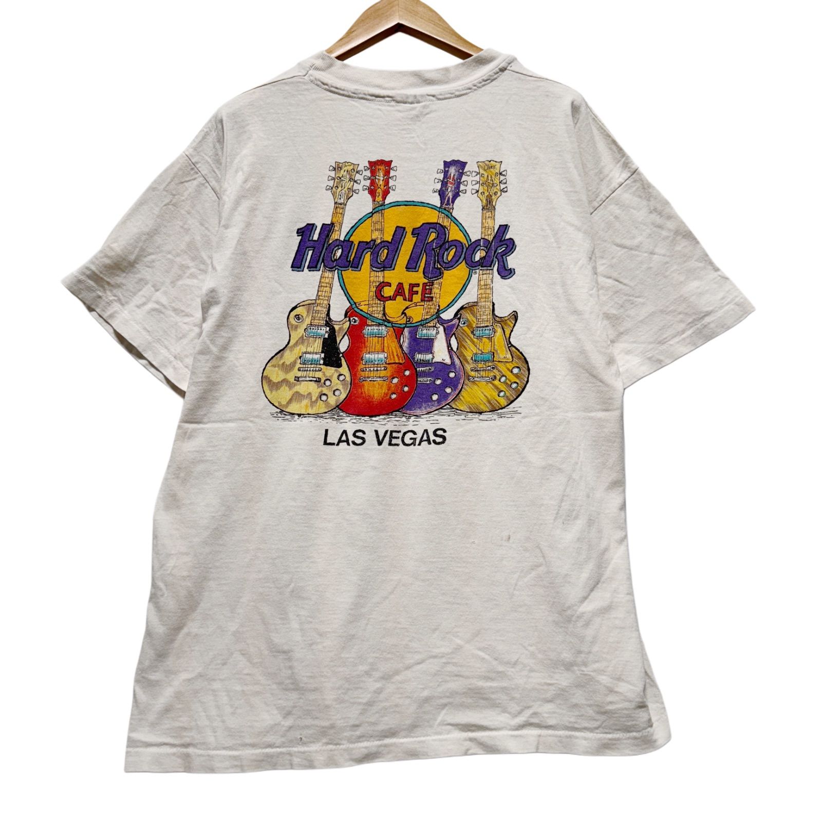 90s USA製 ハードロックカフェ Tシャツ Lサイズ Hard Rock CAFEシングルステッチ ラスベガス LASVEGAS ギター グッドプリント 背面プリント 古着 ホワイト Made in USA 古着 R509
