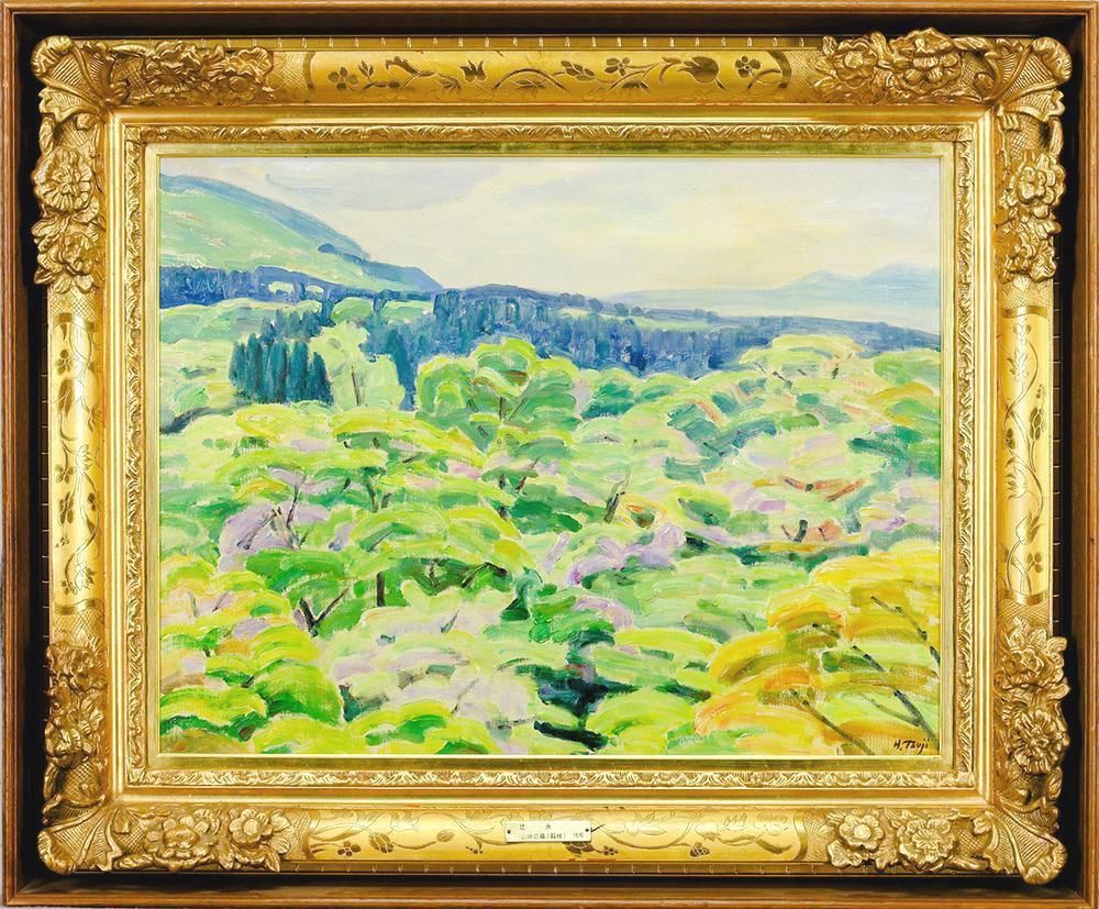 真作】【WISH】辻永「山峡の藤 箱根」油彩 15号 大作 ◇紫の花