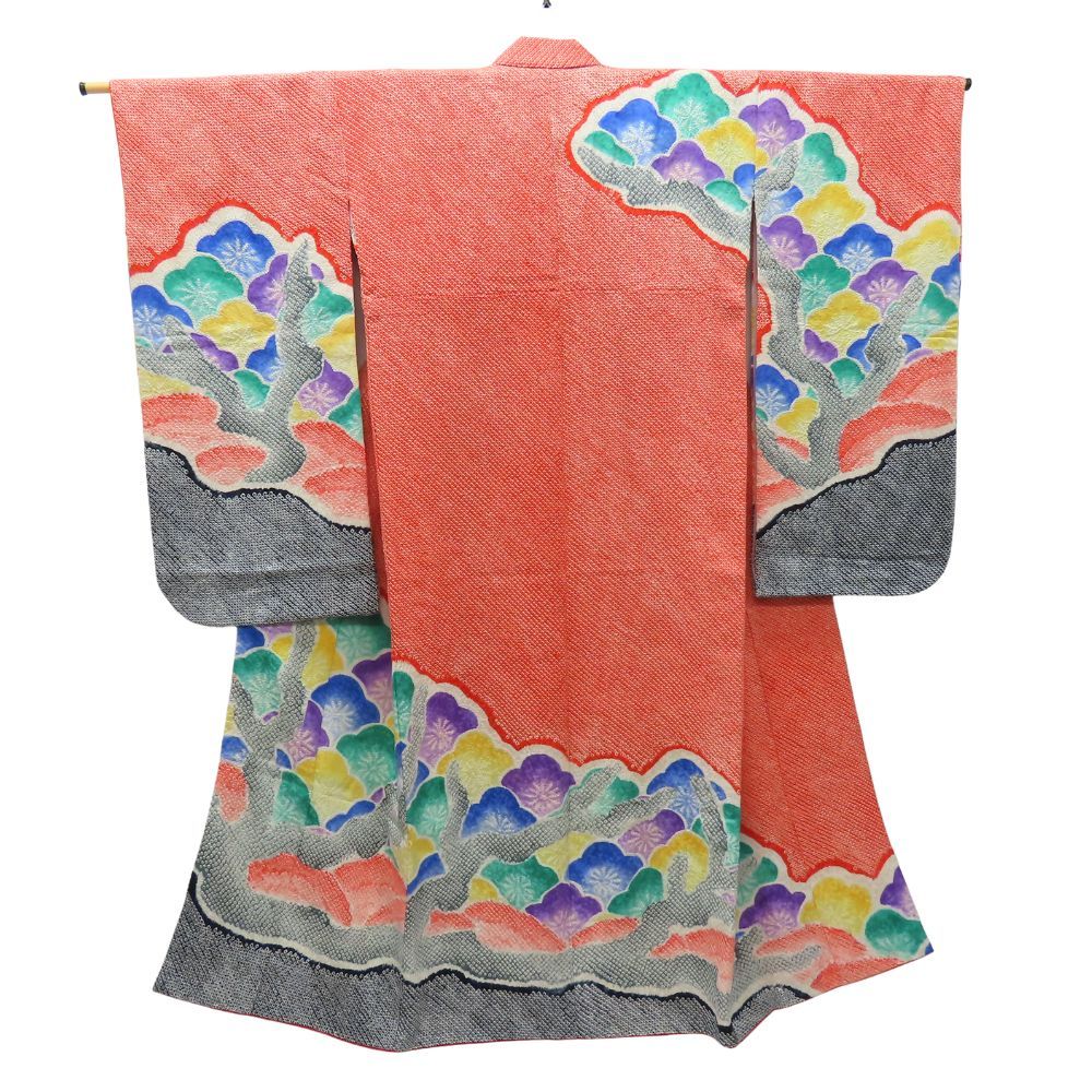 子供着物 総絞り 七五三 正絹 金銀糸除く 化学繊維 レッド ブラック マルチカラー 女の子 7歳用 和装 呉服 和服 きもの