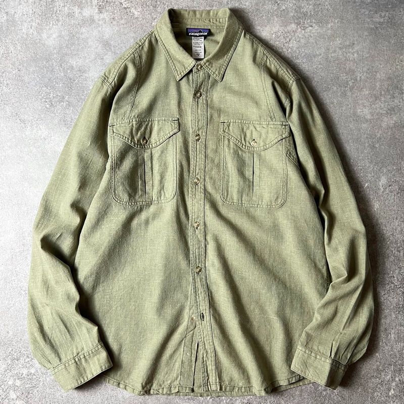 13年製 Patagonia 長袖 ヘンプ オーガニック コットン シャンブレー シャツ M / パタゴニア 無地 オリーブ グリーン