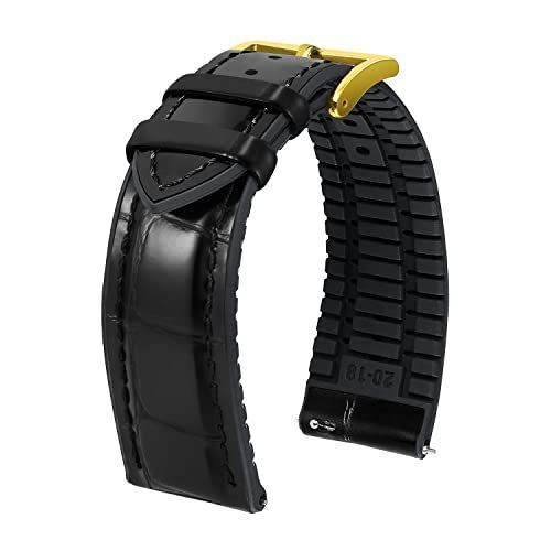 ブラック/ゴールド バックル_21mm [BINLUN] 革時計ベルト クイックリリース レザー腕時計バンド ワニ革模様ウォッチバンド 内側シリコン製 通気性 交換ベルト 男女兼用 21mm（ブラック/ゴールド 