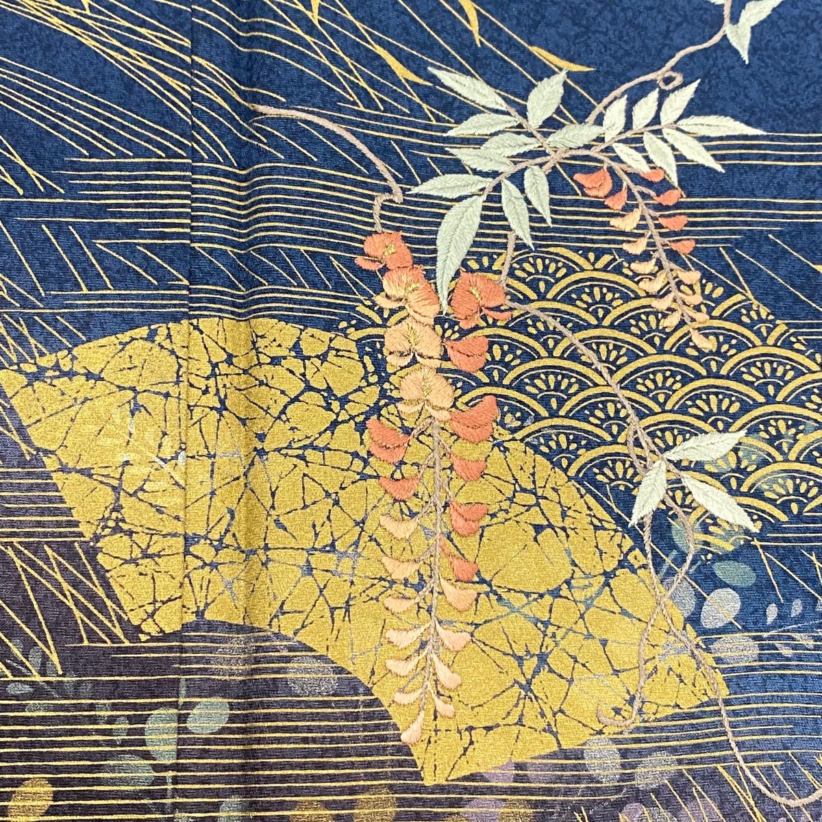 訪問着 身丈169cm 裄丈68.5cm L 袷 扇面 萩 刺繍 金彩 紺色 正絹