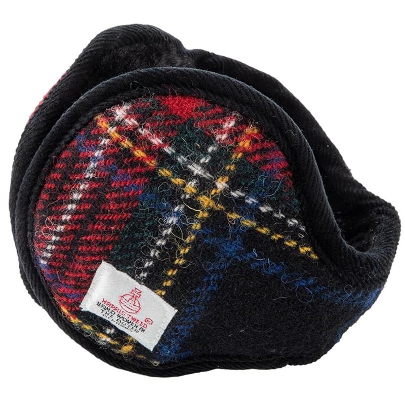 [スリーピング シープ] ハリスツイード Harris Tweed イヤーマフ イヤーウォーマー 耳当て 裏ボア 起毛 防寒 寒さ対策 折畳み 男女兼用 コンパクト イヤーマフラー ブラック・レッドチェック 1