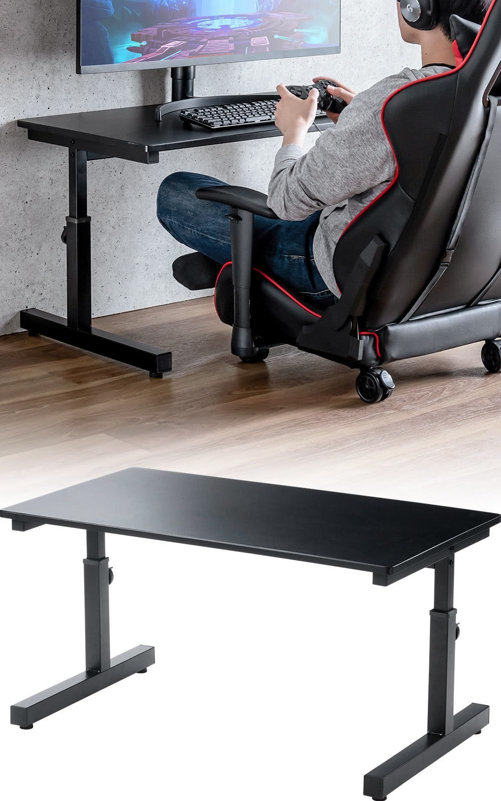 パソコン ゲーミング 昇降式 テレワーク 木製 ブラック 奥行50cm 幅90cm 38～50cm 4段階 EEX-DKL02BK 高さ調整 ローデスク イーサプライ