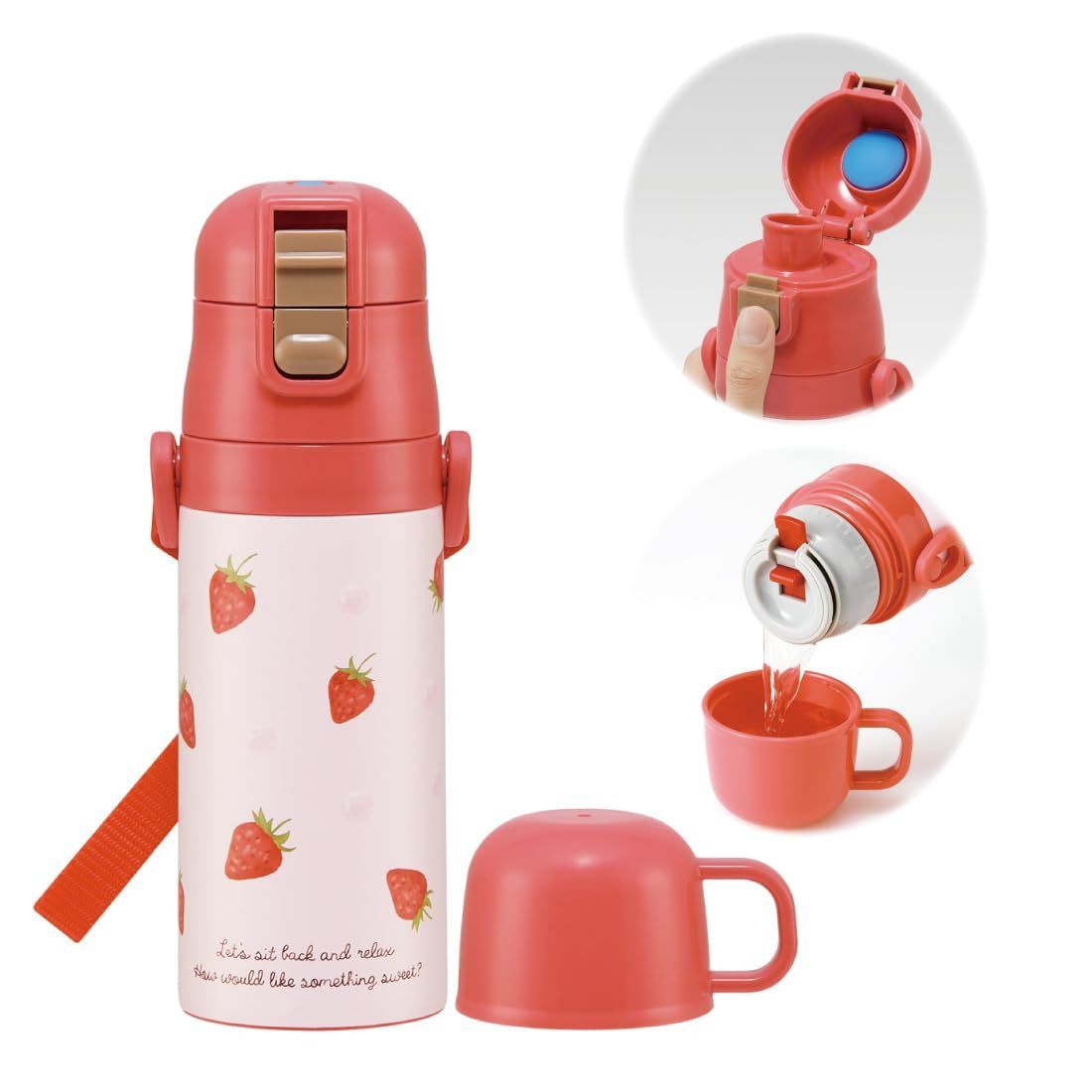 【在庫処分】小容量 キッズ ステンレス 女の子 350ml(コップ時)420ml(直飲み時) ピンク ストロベリー いちご コップ式 SKDC3 直飲み 2WAY 子供用水筒 スケーター(Skater)