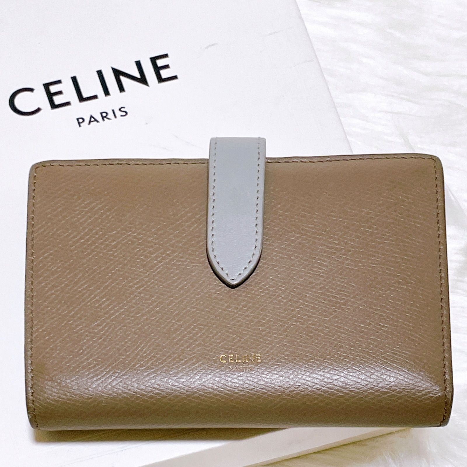 セリーヌ ミディアムストラップ ウォレット 二つ折財布 グレー×ブルー