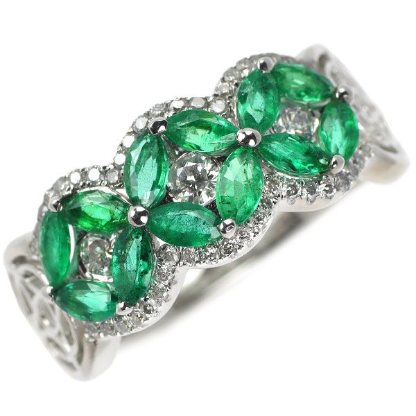 K18WG マーキス エメラルド ダイヤモンド リング 0.95ct D0.35ct  