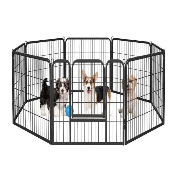 Dinah Alsop ペットフェンス 中大型犬用— ペットケージ パネル8枚 ペットサークル 四角ポール 折り畳み式 トレーニングサークル スチール製 複数の組み合わせ 室内室外兼用 犬小屋 ペット栅 高さ60cm-8枚 ブラック