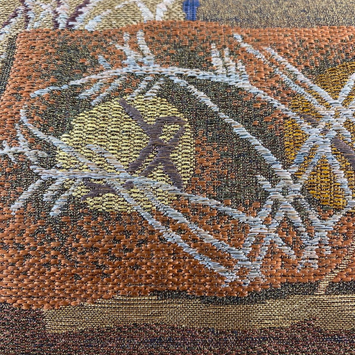 袋帯 秀品 陶彩角平鉢文 関西仕立て 筍 葉柄 金銀糸 箔 焦茶色 六通 正絹