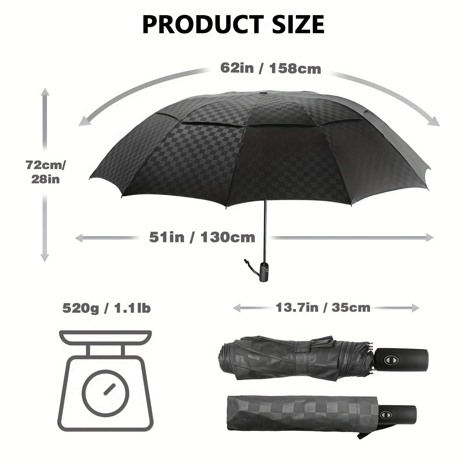 157.48cmのサトルの大型ゴルフ傘、自動風防ダブルキャノピーVENTED8リブの丈夫な折りたたみ傘、UPF 50+ポータブル風防日焼け止め傘、旅行用のコンパクトな傘