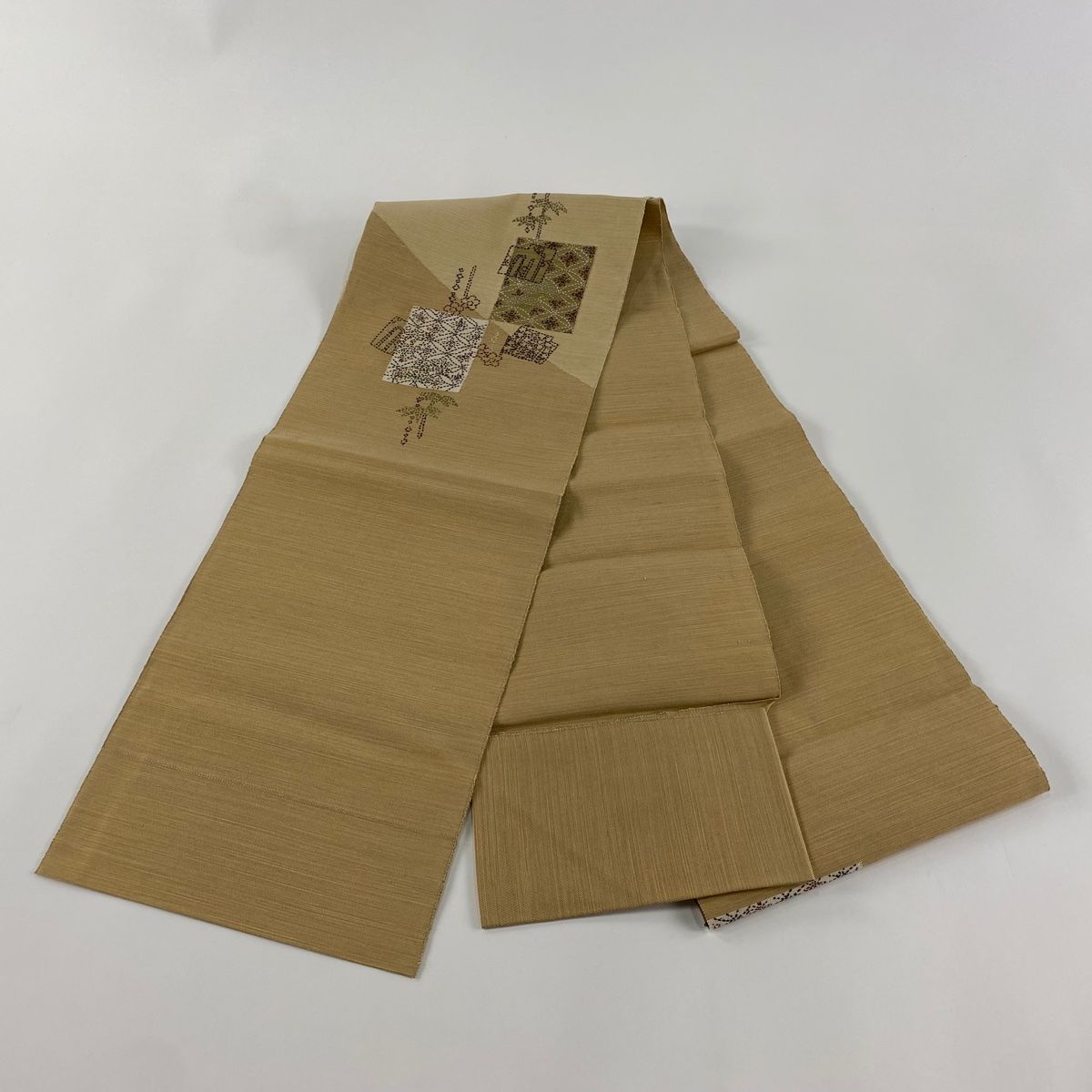袋帯 秀品 枝梅 笹 緑釉箔 刺繍 赤茶 六通 正絹 【中古】