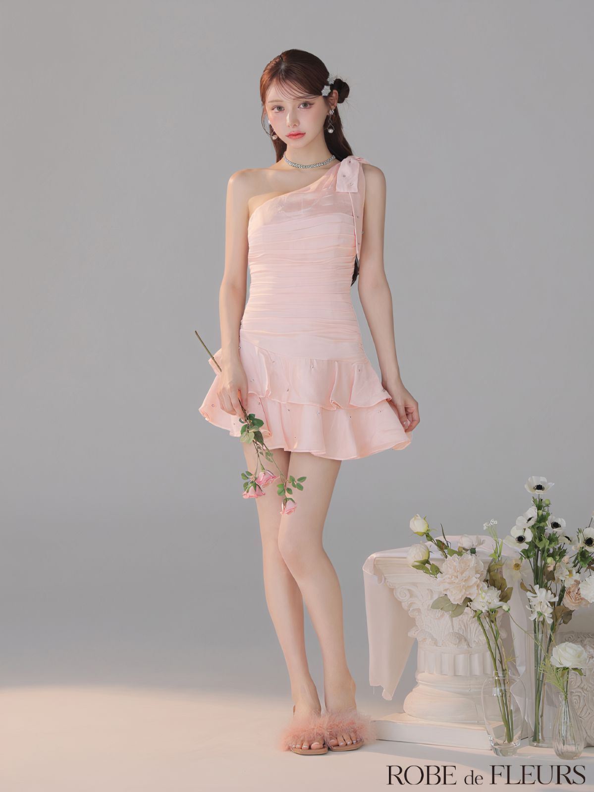 ROBE de FLEURS ローブドフルール fm4322 サテンワンショルダーリボンティアードフ ミニキャバドレス Pink