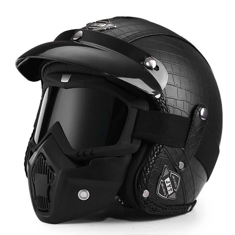 新品クロコダイルブラックヘルメットスーツ DOT ヴィンテージオートバイハーフヘルメットクッションレザーヘルメット EPS  取り外し可能なライナーバイザー付き成人男性女性