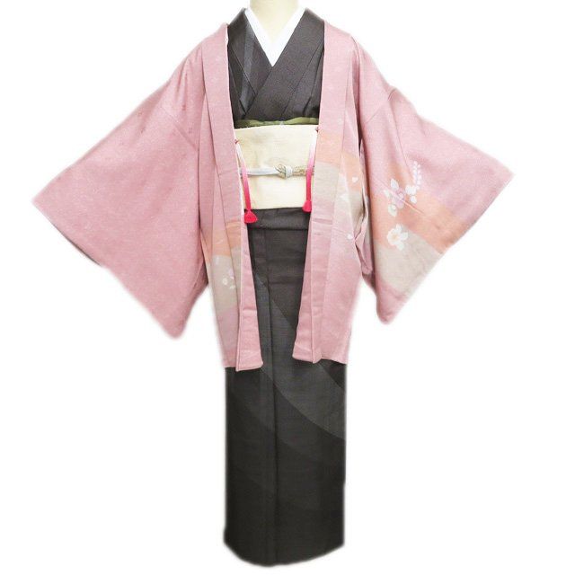 羽織 コート 着物 正絹 流水に花模様 羽織紐付き 銀通し 紅梅色 多色 身丈81cm 裄68cm きもの北條 A1282-2