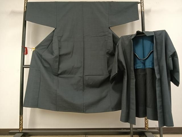 平和屋着物▽男性 お召 単衣 アンサンブル 霞文 正絹 AABB2300fy