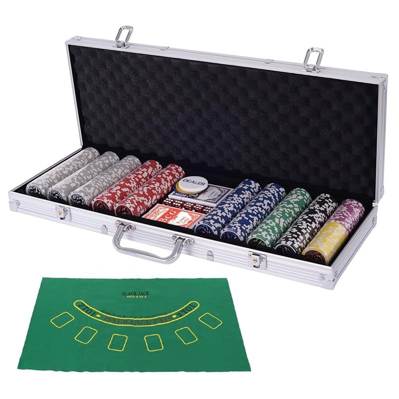 COSTWAY ポーカーセット 500枚チップ 数字入り マット付き ポーカーチップ チップ カジノチップ カジノゲーム シルバーケース