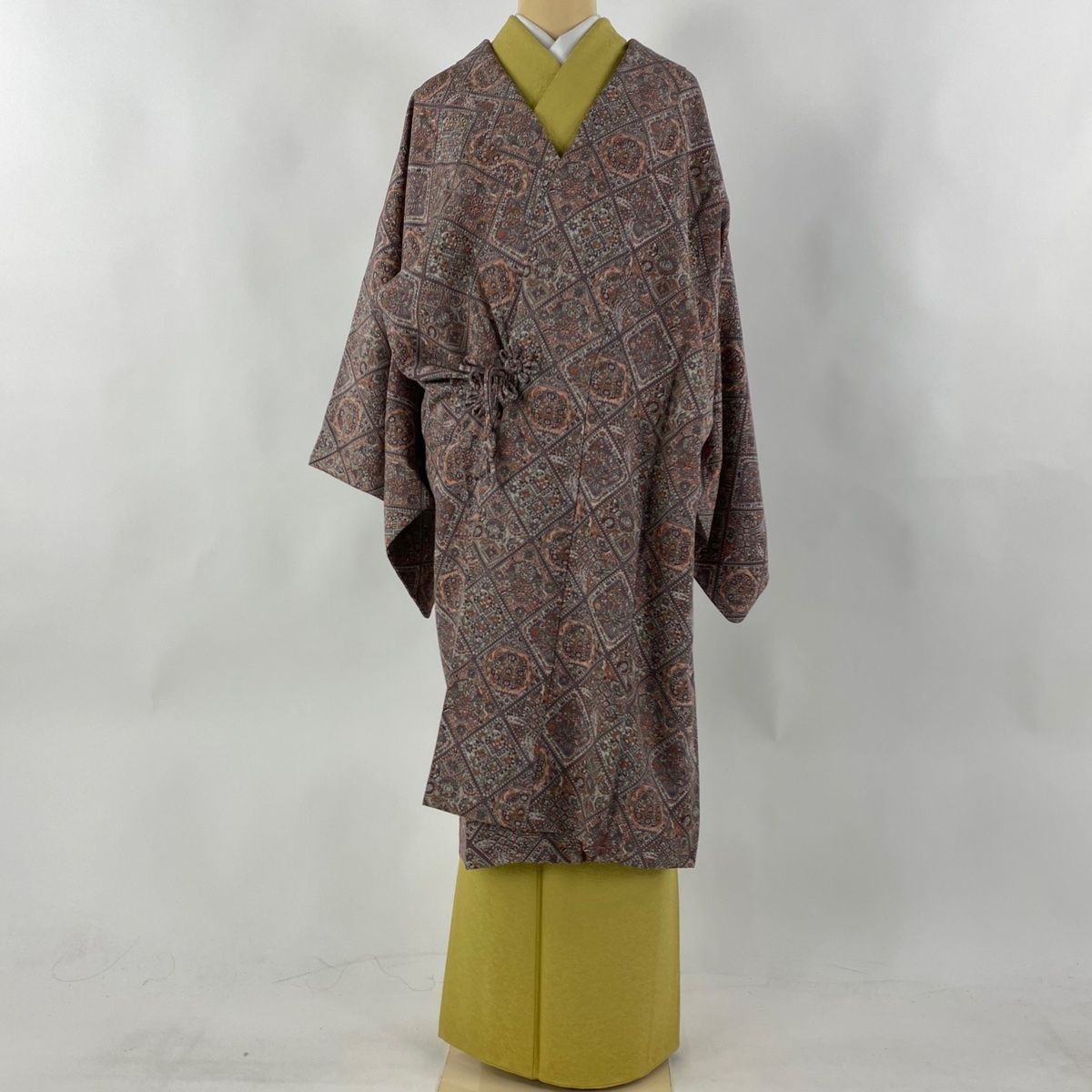 道中着 身丈108cm 裄丈66cm M 和装コート 草花 菱格子 紫 正絹 美品  